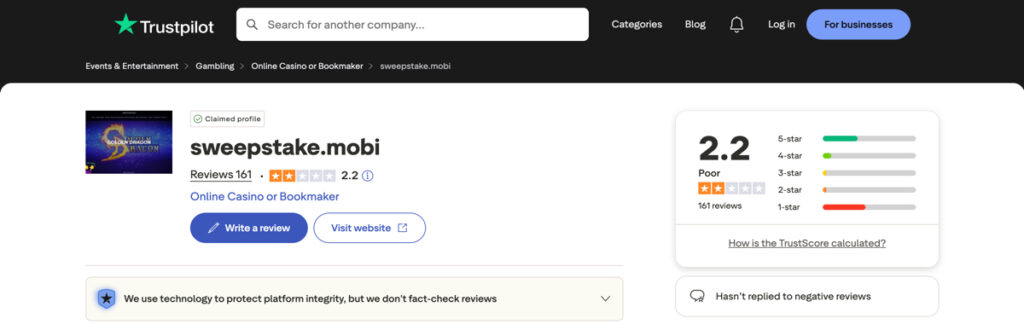 Trustpilot page showing Sweepstakes Mobi rating of 2.2 out of 5 stars