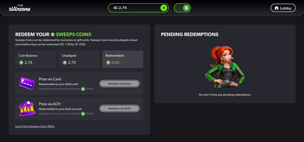 The Win Zone Casino redemption options showing Prize via Card and ACH payout methods