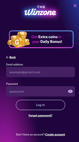 The Win Zone Casino sign up page with email and password boxes
