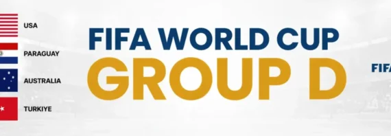 FIFA World Cup Group D banner featuring USA, Paraguay, Australia, and Turkiye with national flags on the left, bold central title text, and a stadium background