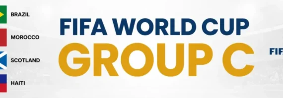FIFA World Cup Group C banner featuring Brazil, Morocco, Scotland, and Haiti with flags on the left, bold central title text, and a stadium background