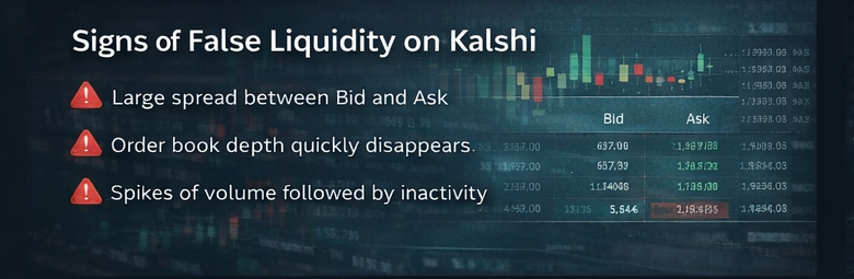 Signs of false liquidity in Kalshi markets, including wide spreads and thin order book depth