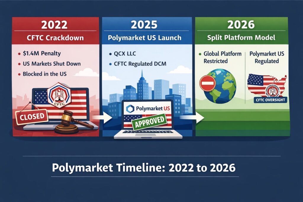 Polymarket legal timeline showing CFTC action, US relaunch and split platform model