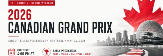 Minimalist 2026 Canadian Grand Prix prediction banner featuring Montreal skyline imagery, a red maple leaf, Circuit Gilles Villeneuve track visuals, race start details, and early F1 betting predictions.