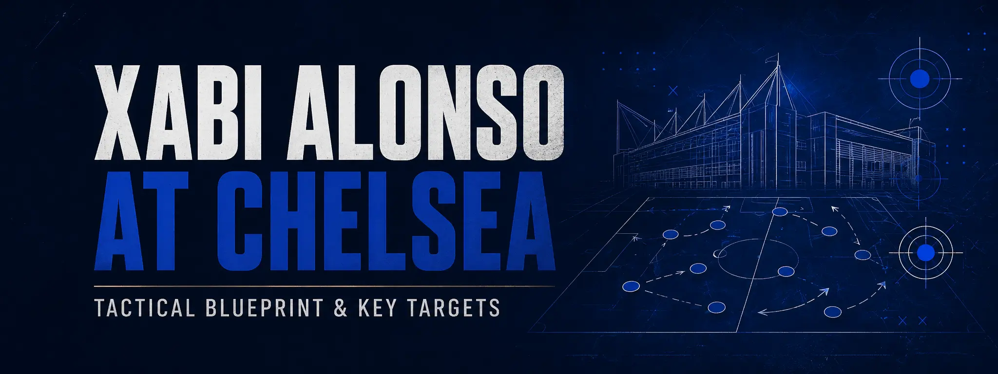 Minimalist dark blue banner reading “Xabi Alonso at Chelsea: Tactical Blueprint & Key Targets,” featuring a stylised Stamford Bridge outline, football tactics board markings, and precise target-style graphic elements.