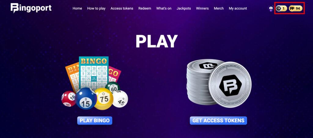 Bingoport website showing both playable Access Tokens and redeemable Port Points