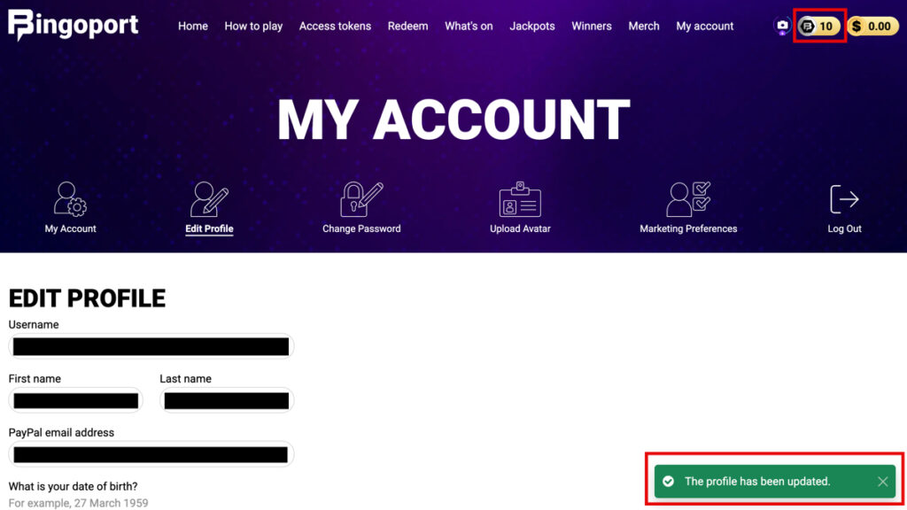 Bingoport bonus for completing profile and providing personal information