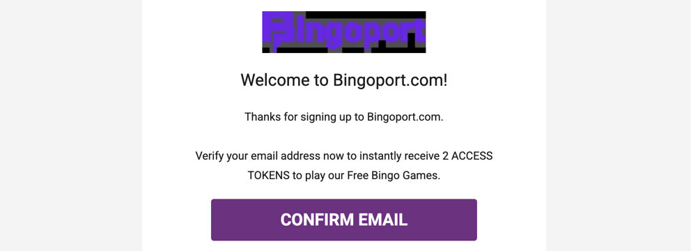 Bingoport email awarding 2 free Access Tokens for verifying an email address