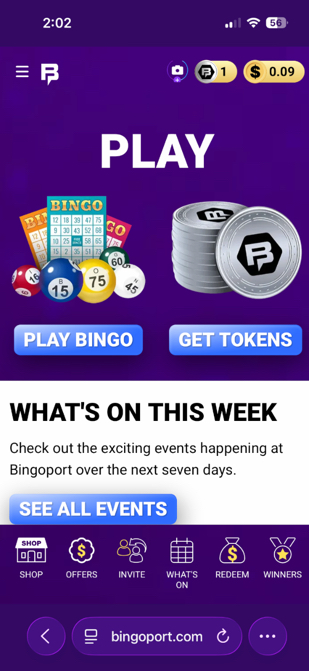 Main Bingoport lobby with bottom navigation tabs and account balances shown