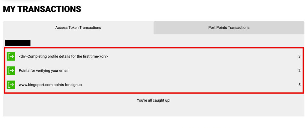 Bingoport &ldquo;My Transactions&rdquo; page showing all three Access Token rewards from the sign-up bonus