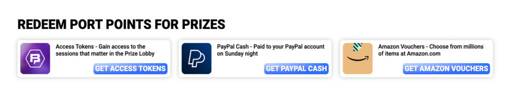Port Point redemption options on Bingoport including PayPal and Amazon gift cards