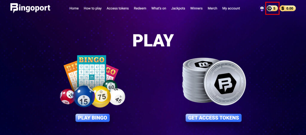 Bingoport account balance showing 5 free Access Tokens added after sign-up