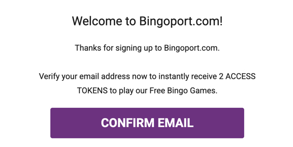 Bingoport email showing 2 free Access Tokens awarded after verification