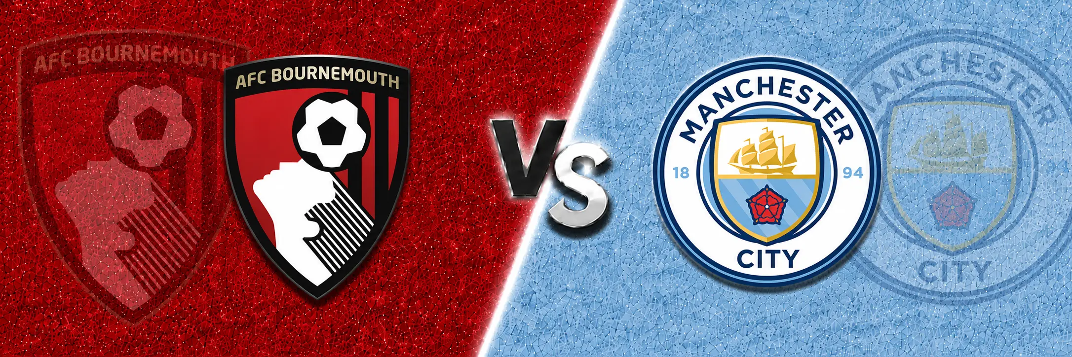 Bournemouth vs Manchester City match banner with both club crests on split red and light blue textured backgrounds, separated by a glowing diagonal line and a metallic VS graphic in the center.