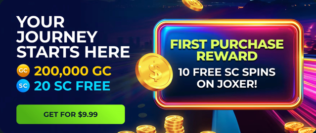 Casino Click first-purchase bonus offer showing 200,000 Gold Coins, 20 free SC, and 10 free spins for $9.99