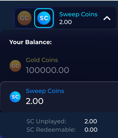Casino Click balance showing 100,000 Gold Coins and 2 Sweeps Coins after claiming the no-deposit bonus