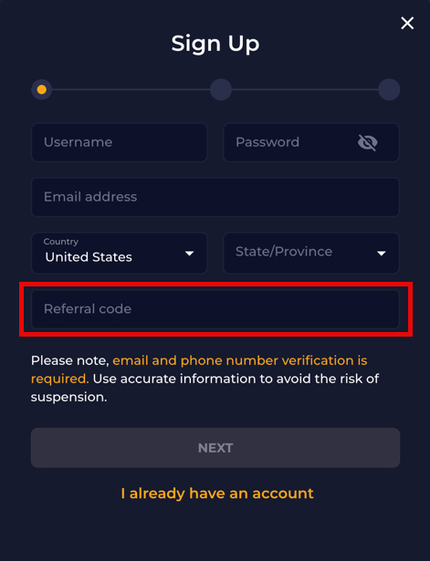 Casino Click sign-up page showing the optional referral code box during registration