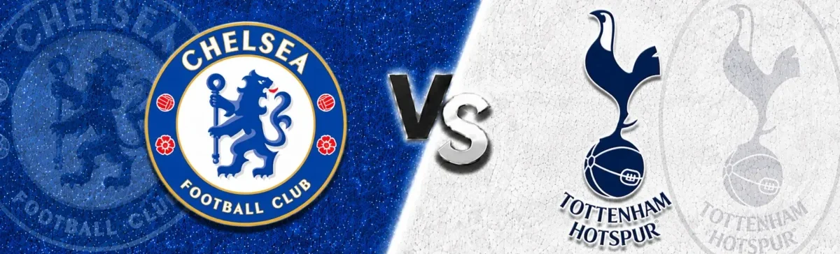 Chelsea vs Tottenham Hotspur match banner with both club crests on split blue and white textured backgrounds, separated by a glowing diagonal line and a metallic VS graphic in the center.