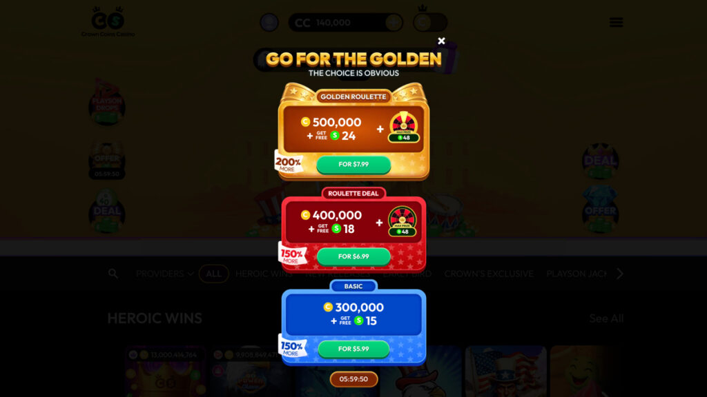 Crown Coins Casino pop-up ad promoting a limited-time coin package offer