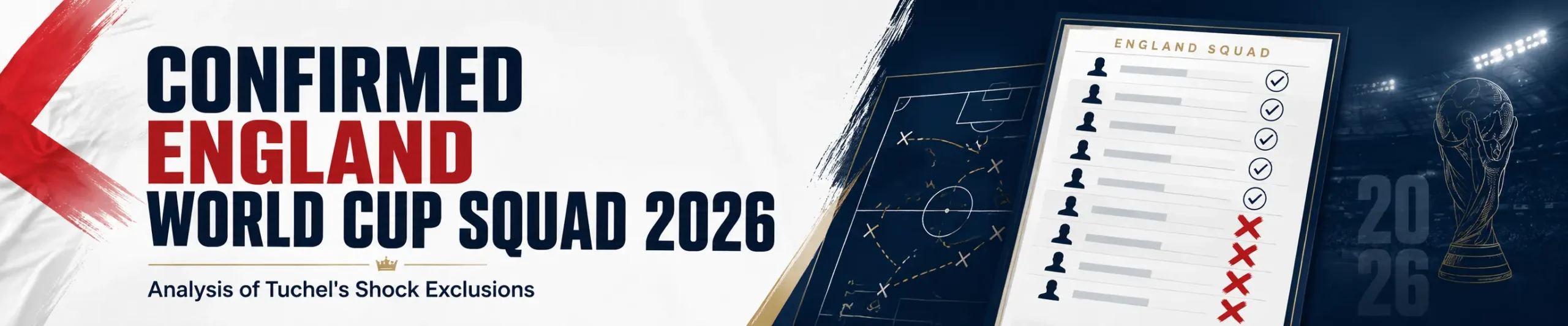 Banner for confirmed England World Cup Squad 2026 article, featuring bold England-themed text, a squad checklist with shock exclusions marked in red, tactical board graphics, and a World Cup trophy silhouette.