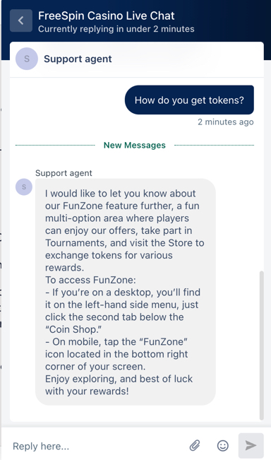 Live chat support example from FreeSpin Casino