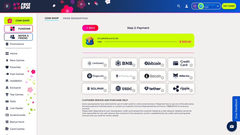 Payment methods available at FreeSpin Casino