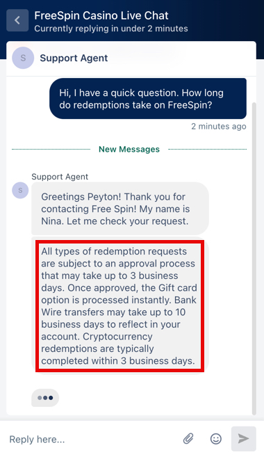 Customer support message about FreeSpin Casino payout times