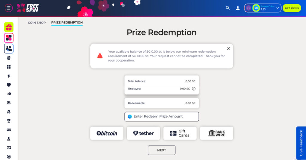 FreeSpin Casino prize redemption methods