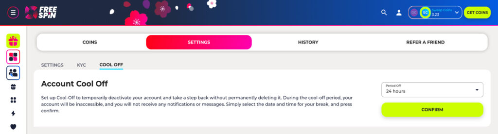 FreeSpin Casino cool-off period options in account settings