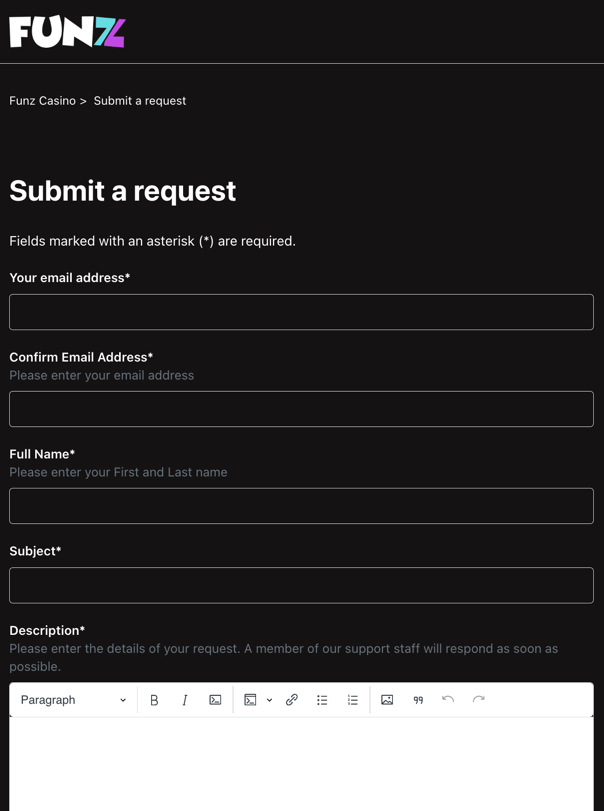 Funz Casino Submit a Request customer support form