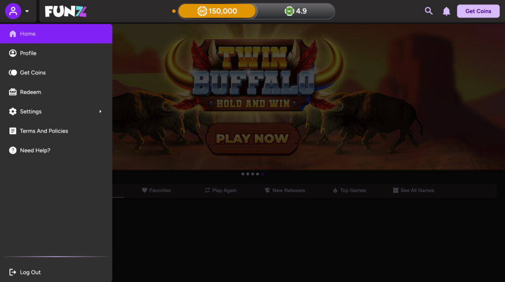 Funz Casino desktop site with sidebar menu open