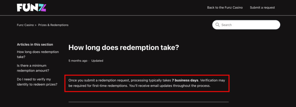 Funz Casino FAQ explaining redemption processing times