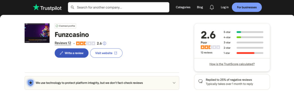 Trustpilot page for Funz Casino showing player ratings and reviews