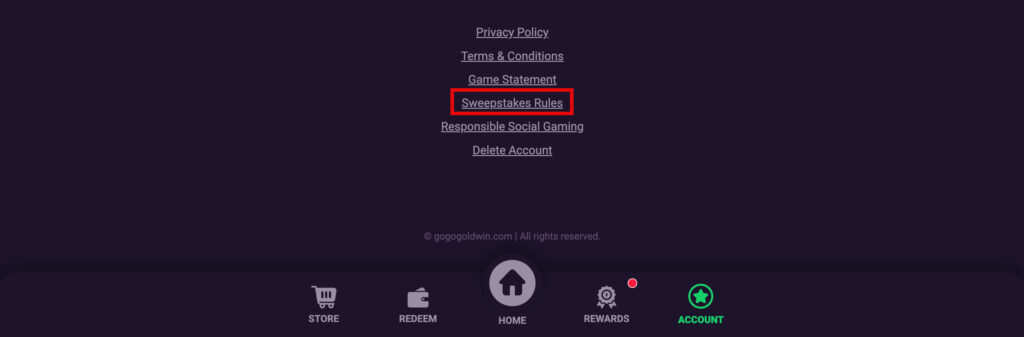 Go Go Gold Casino website footer with sweepstakes rules link