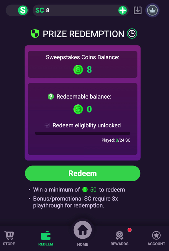 Go Go Gold Casino redemption screen showing SC balance and 50 SC minimum requirement