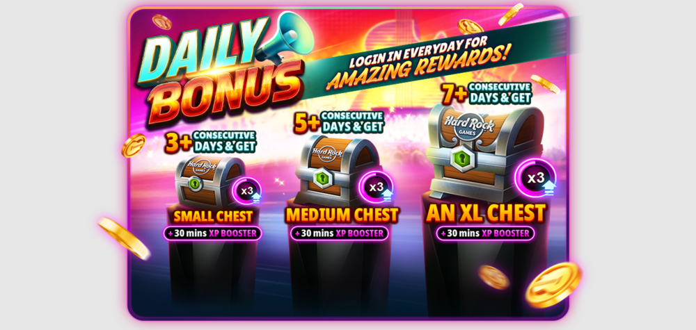 Hard Rock Jackpot Planet consecutive login rewards and streak bonuses