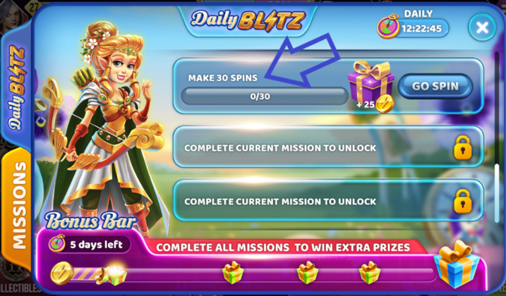 Hard Rock Jackpot Planet Missions tab with &ldquo;Make 30 Spins&rdquo; Daily Blitz task