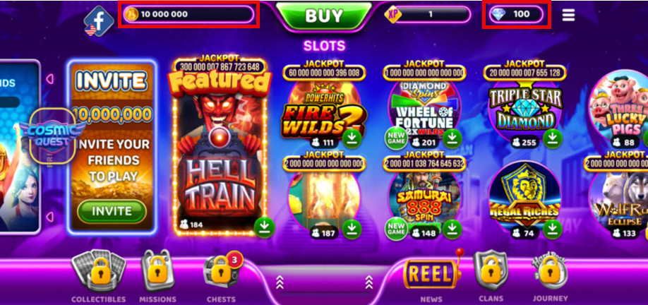 Hard Rock Jackpot Planet app showing 10 million free Coins and 100 Diamonds from the sign-up bonus
