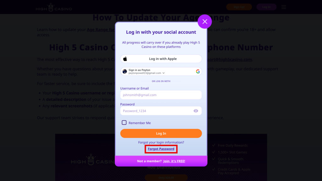 High 5 Casino login screen showing the “Forgot Password?” reset option