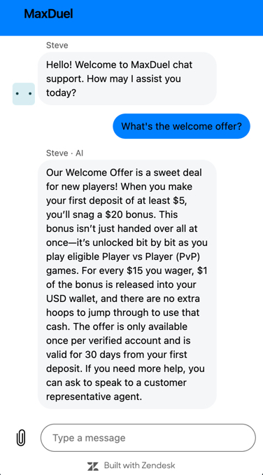 MaxDuel live chat conversation with AI support agent Steve