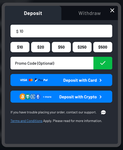 MaxDuel deposit methods, including cards, PayPal, and crypto