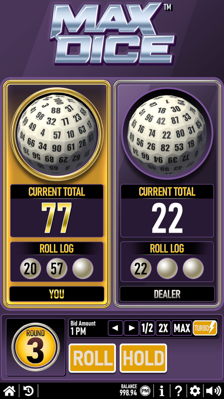 Max Dice SoloPlay game on MaxDuel where players try to get as close to 100 as possible