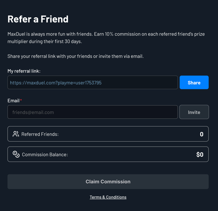 MaxDuel refer-a-friend program offering commission rewards for inviting new players