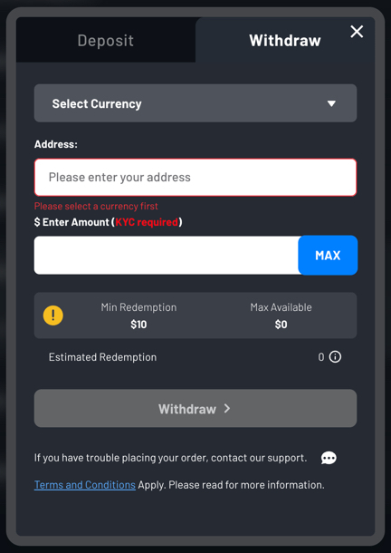 MaxDuel crypto withdrawal options and cash-out form