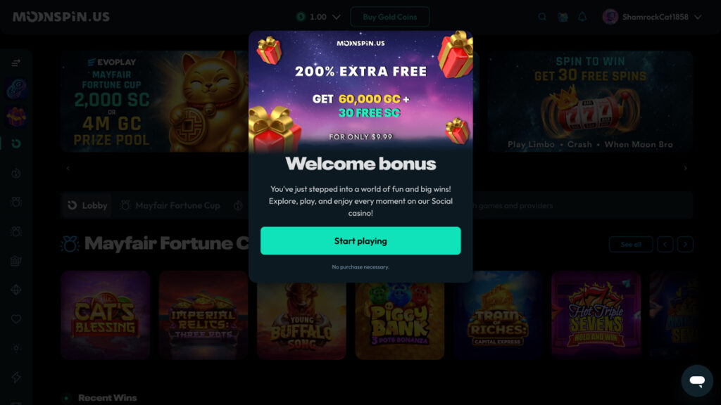 Moonspin Casino first purchase bonus pop-up offering 60,000 Gold Coins and 30 Sweeps Coins for $9.99 after sign up