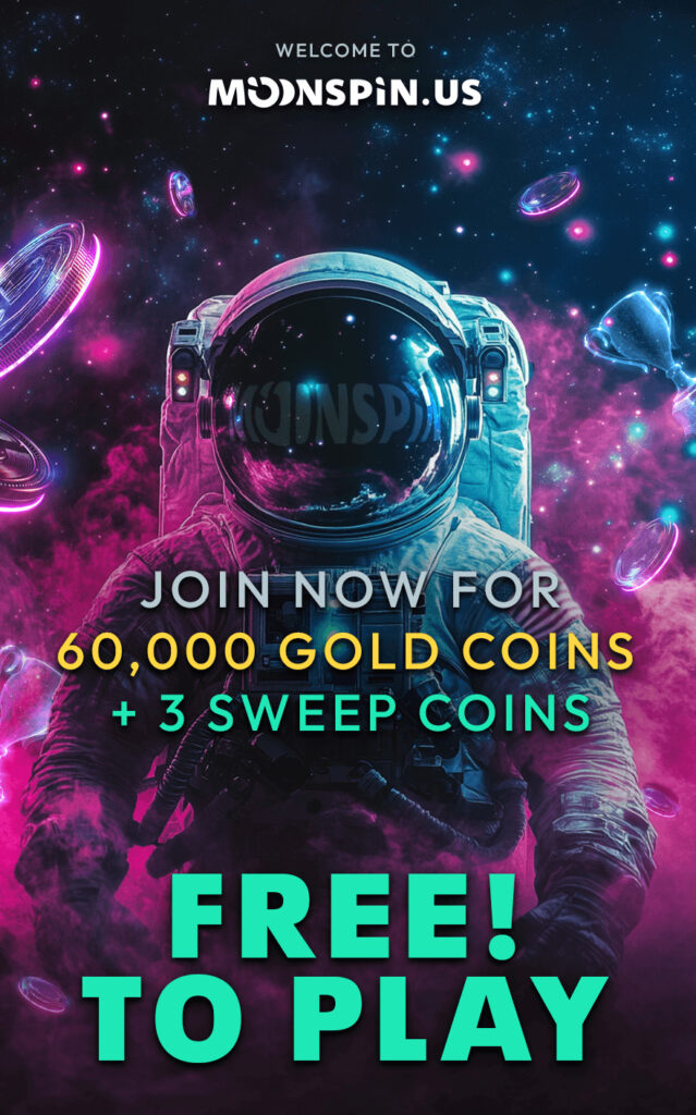 Moonspin Casino welcome bonus offering 60,000 Gold Coins and 3 Sweeps Coins for new players