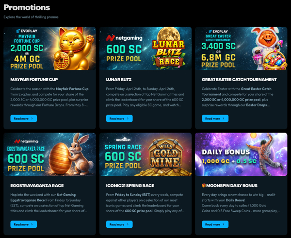 Moonspin Casino tournaments and leaderboard races in the "Promotions" section