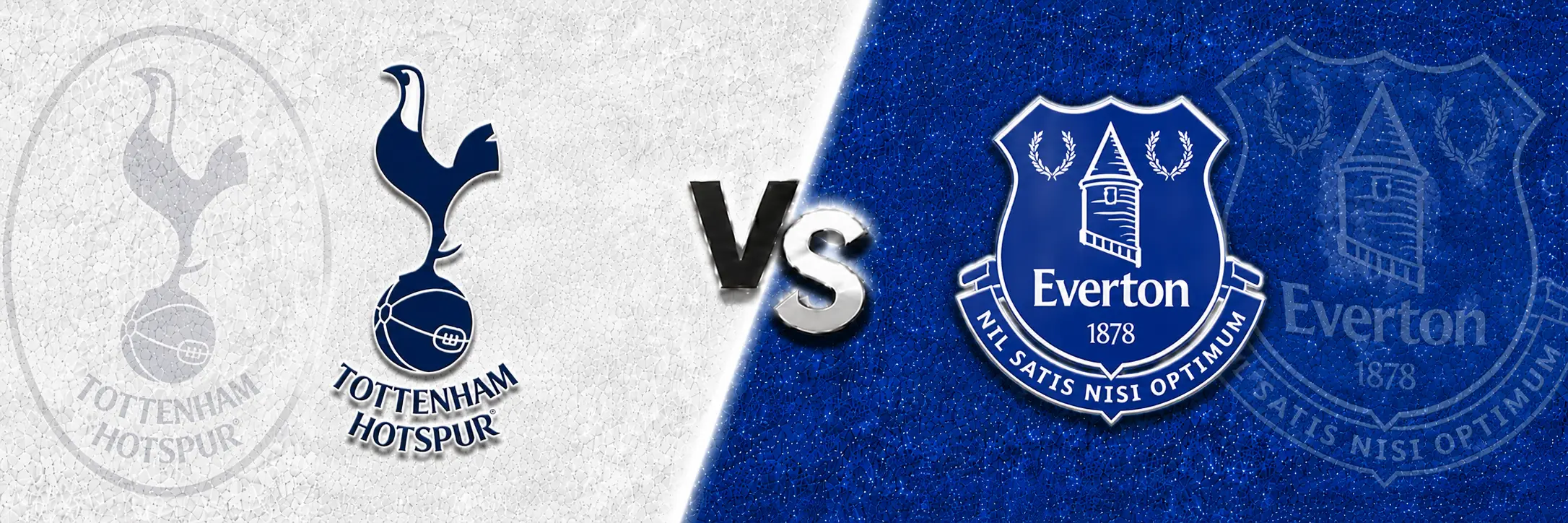 Tottenham Hotspur vs Everton match prediction banner with the Spurs crest on a clean white textured background and the Everton crest on a deep blue textured background, split by a bold central “VS” graphic.
