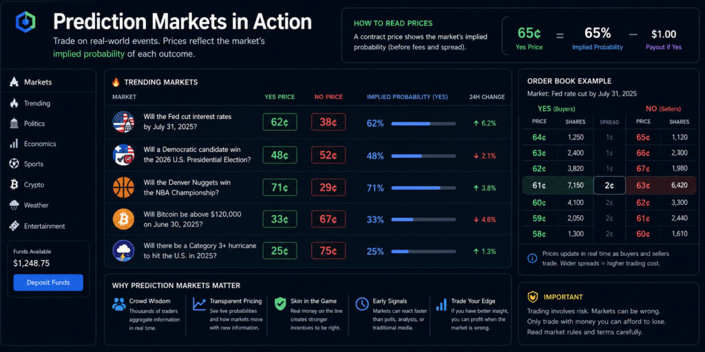 Dark prediction market dashboard showing Yes and No contract prices, implied probabilities, market categories, and an order book example.