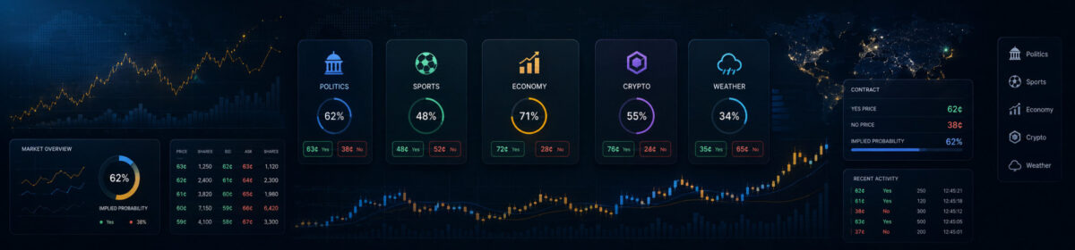 Prediction markets hero banner showing event contract cards, Yes and No prices, implied probabilities, and market categories including politics, sports, economy, crypto, and weather.